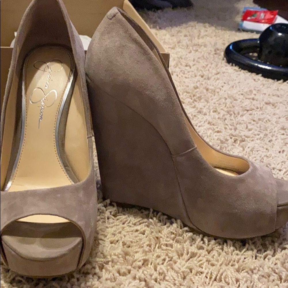 Taupe suede wedge heels